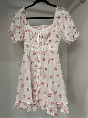 Pink Lily small White Floral Puff Sleeve Button-Front Sundress.  Like new